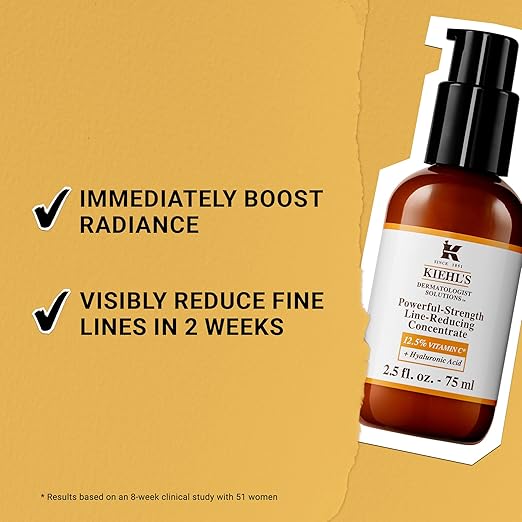 Kiehl’s Powerful-Strength 12.5% Vitamin C Serum – Anti-Aging Line-Reducing Concentrate with Hyaluronic Acid – 3.4 oz / 100mL